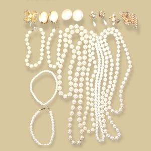 Vintage 14 piece Faux Pearl Jewelry Lot Bundle Earrings Necklaces Bracelets